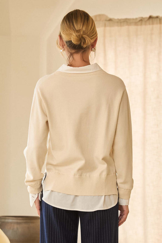 Layered Look V-neck Mixed Media Sweater In Ivory/White