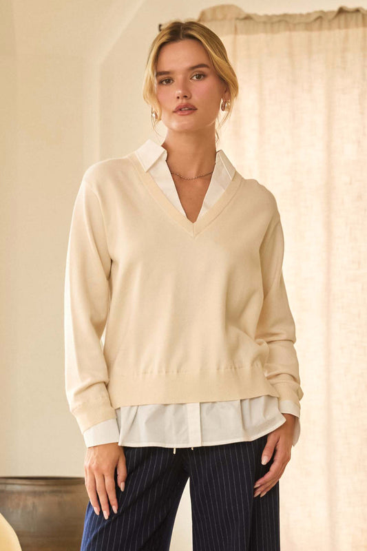 Layered Look V-neck Mixed Media Sweater In Ivory/White