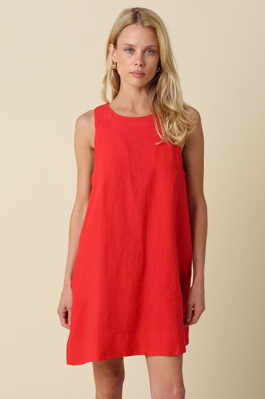 Lena Classic Linen Mini Dress In Red