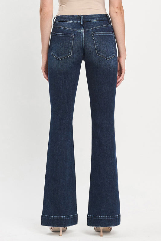 Leslie Mid Rise Full Length Flare Jeans In Dark Denim