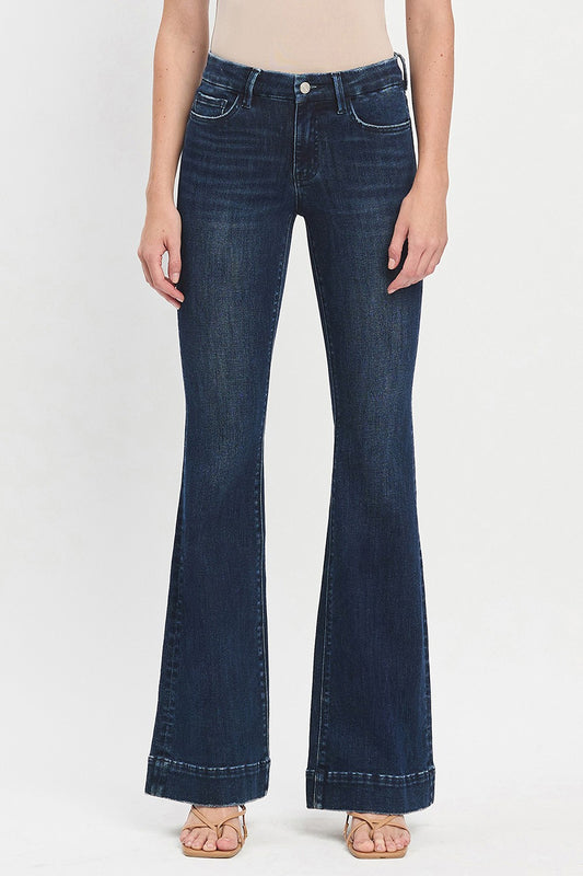 Leslie Mid Rise Full Length Flare Jeans In Dark Denim