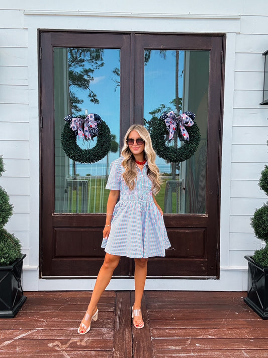 Light Blue And Red Button Down Dress