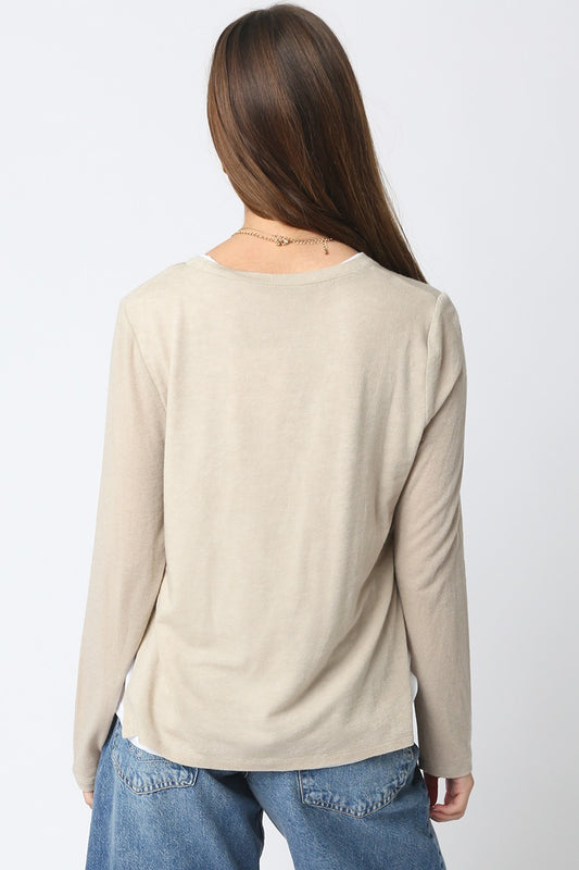 Lined Crew Neck Sweater In Khaki/White