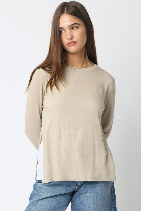 Lined Crew Neck Sweater In Khaki/White