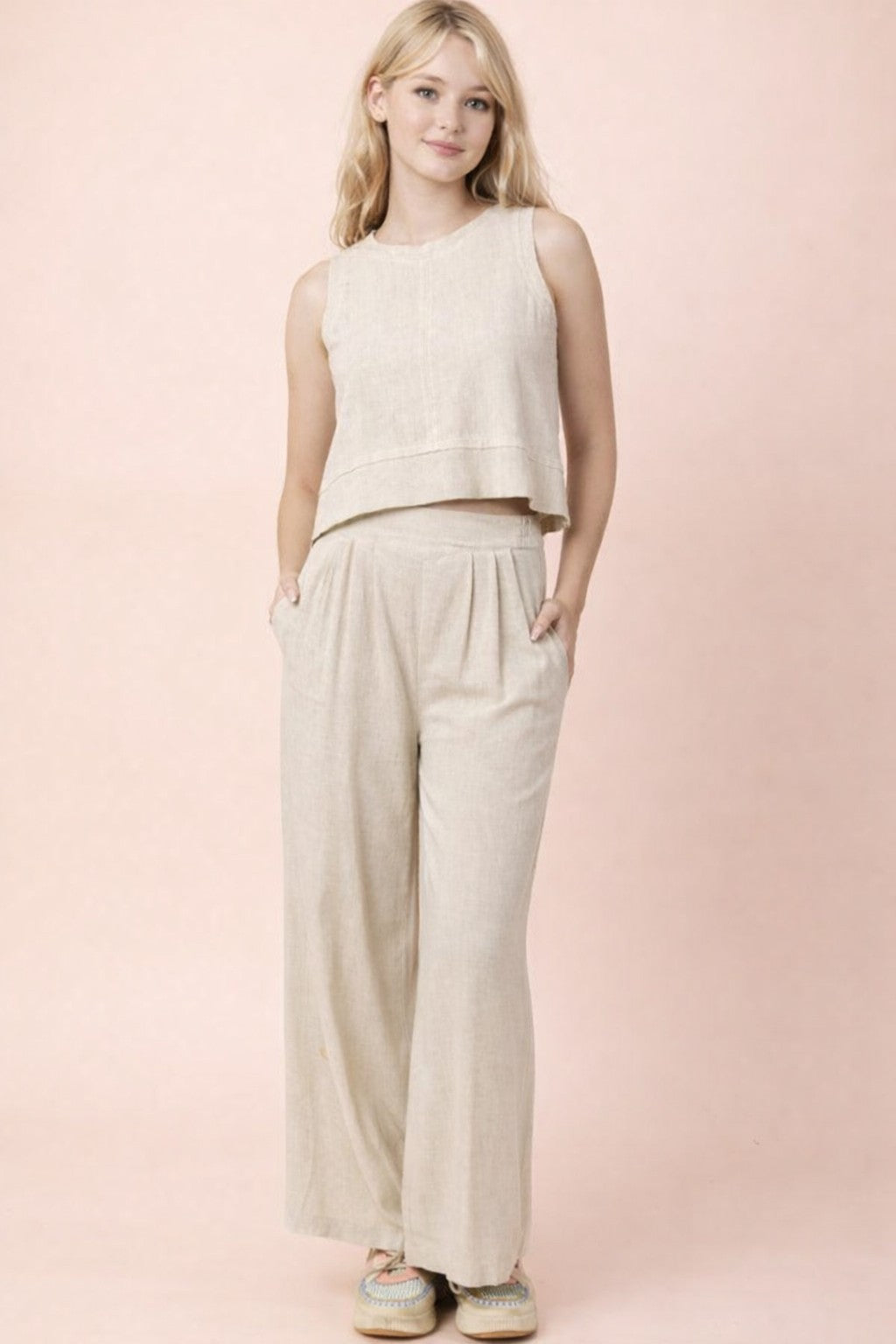 Linen Sleeveless Top & Pants Set in Oatmeal