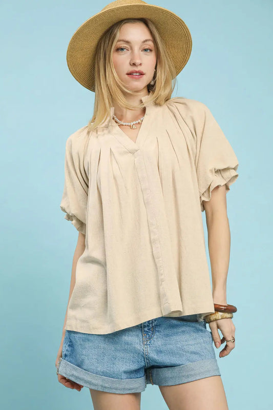 Linen V-Neck Flutter Sleeve Top In Oatmeal