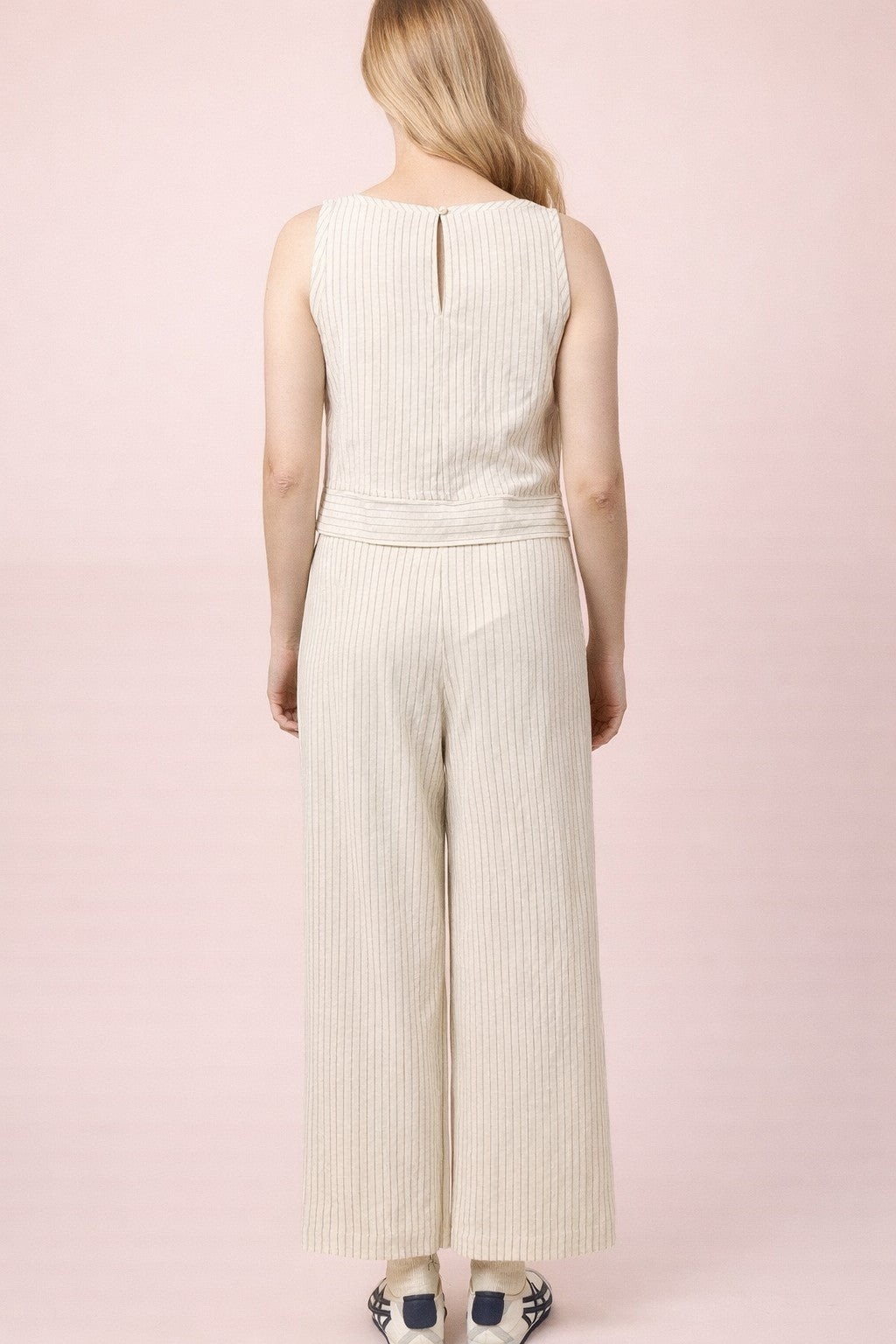 Linen Sleeveless Top & Pants Set in Oatmeal and Black Stripe