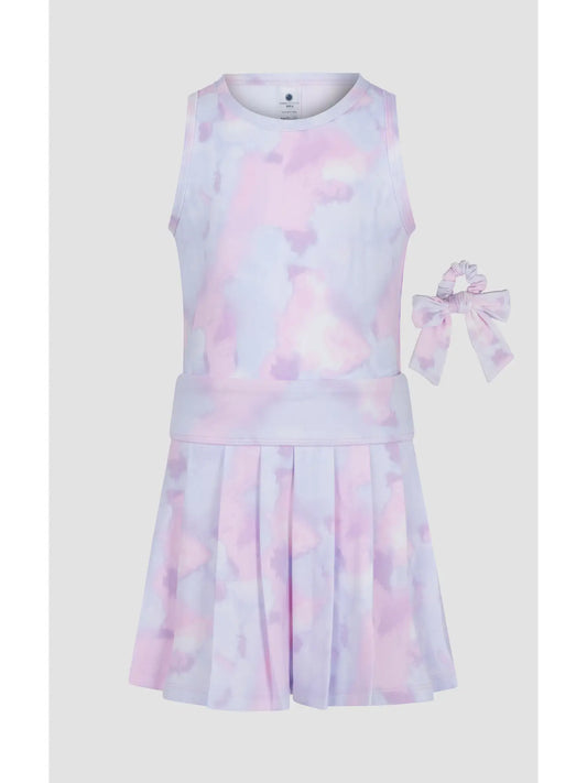 Little Girl Pink Tie Dye Tank Top, Pleated Skort, Scrunchie