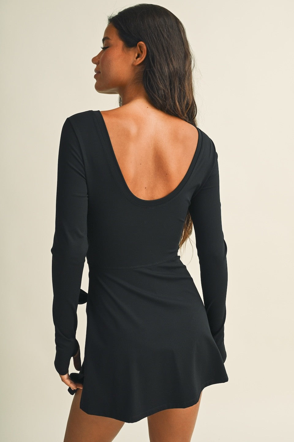 Long Sleeve Wrap Tie Front Dress In Black