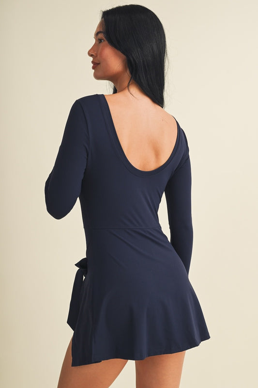 Long Sleeve Wrap Tie Front Dress In Navy