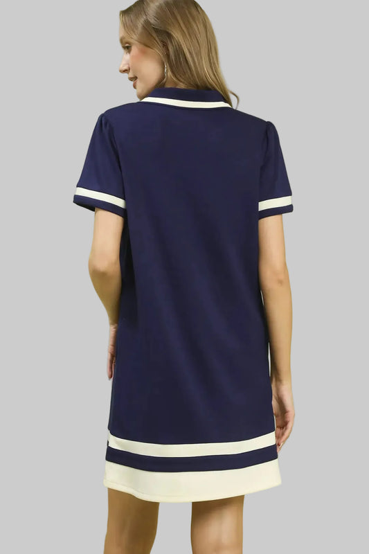Luxe Knit Contrast Trim Shift Dress In Navy