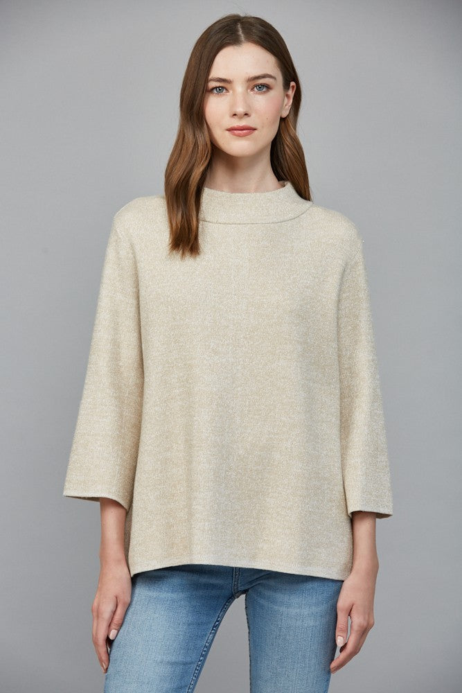 Metallic Mixed Mock Neck Sweater In Cream & Gold