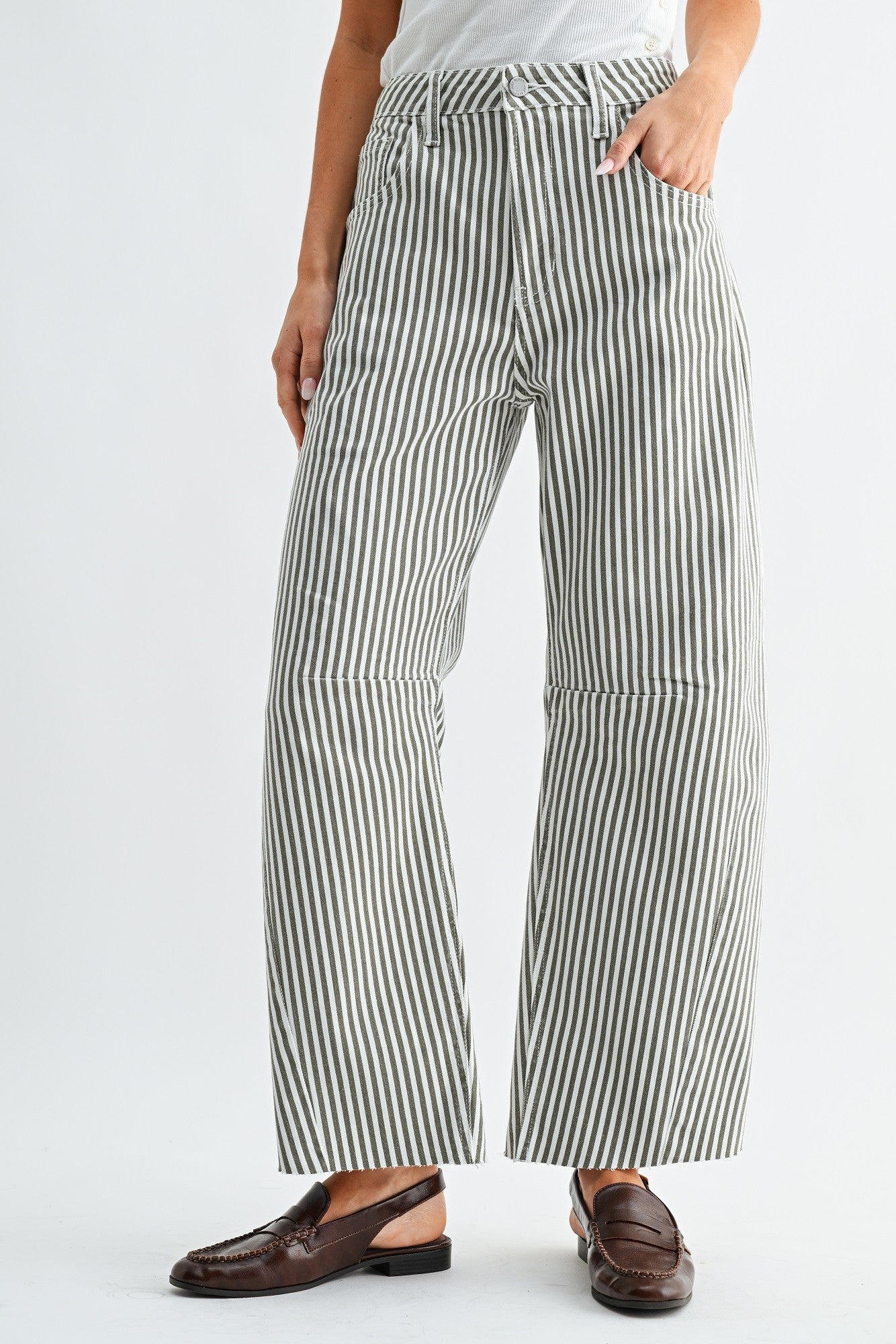 Mia Barrel Jean In Olive Stripe