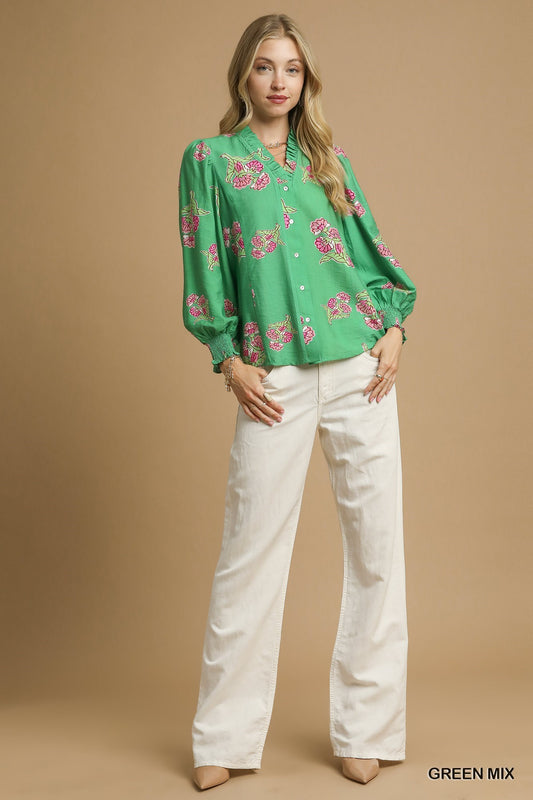 Mixed Floral Button Down Blouse in Green