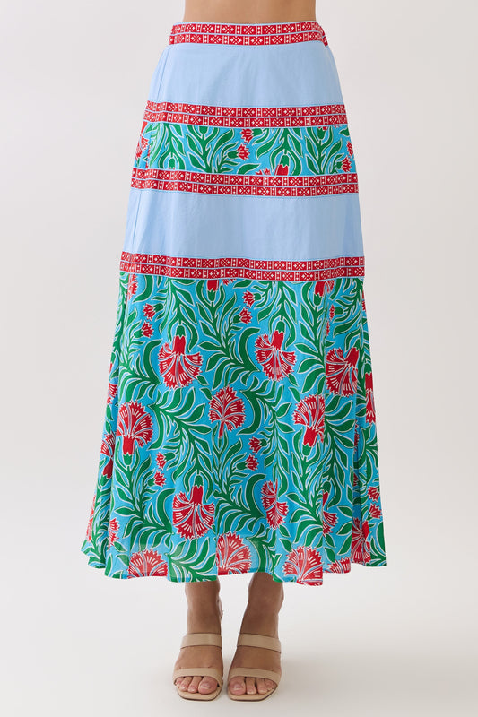 Mixed Print Panel Maxi Skirt In Blue