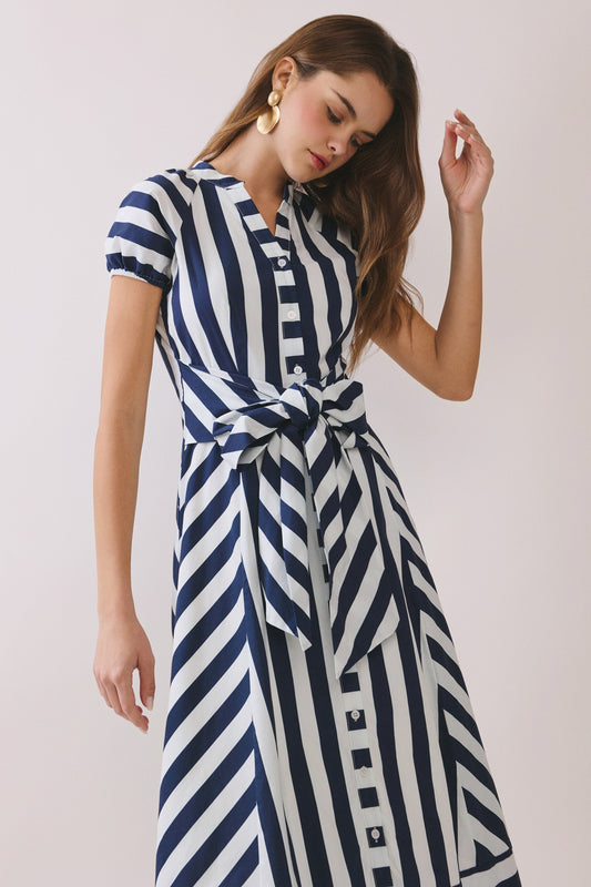 Mixed Striped Pattern Button Down Midi Dress in Navy