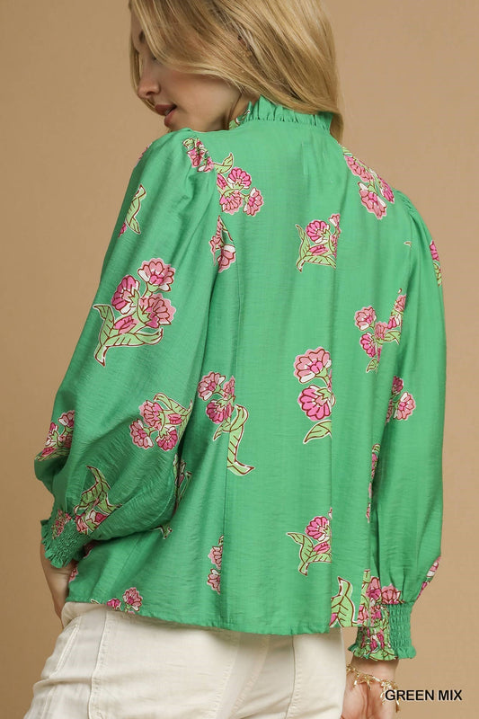 Mixed Floral Button Down Blouse in Green