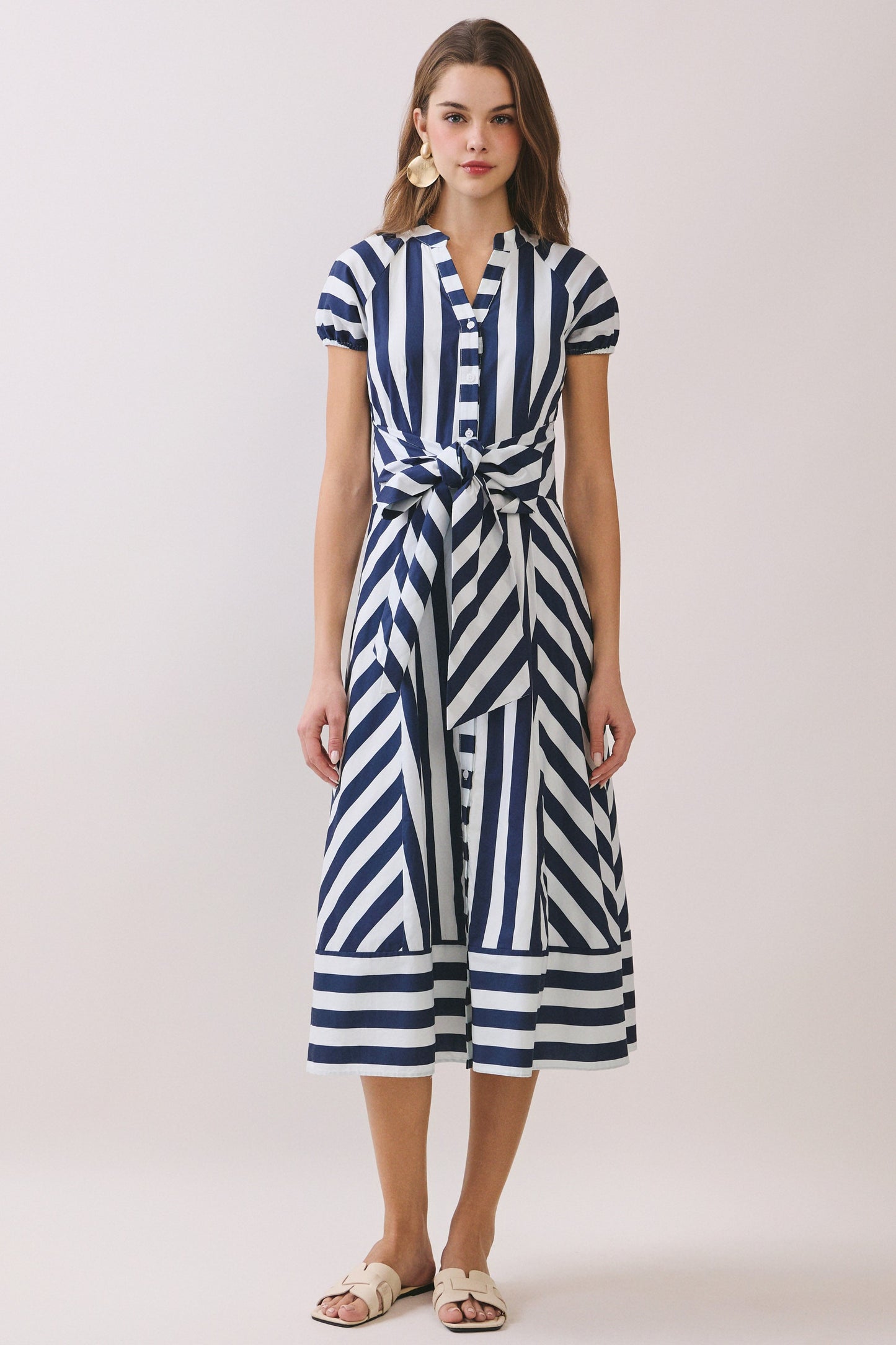 Mixed Striped Pattern Button Down Midi Dress in Navy