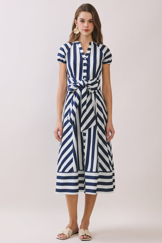 Mixed Striped Pattern Button Down Midi Dress in Navy
