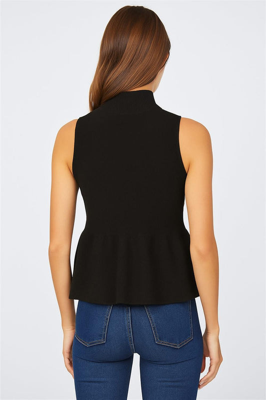 Mock Neck Peplum Sweater Tank In Black
