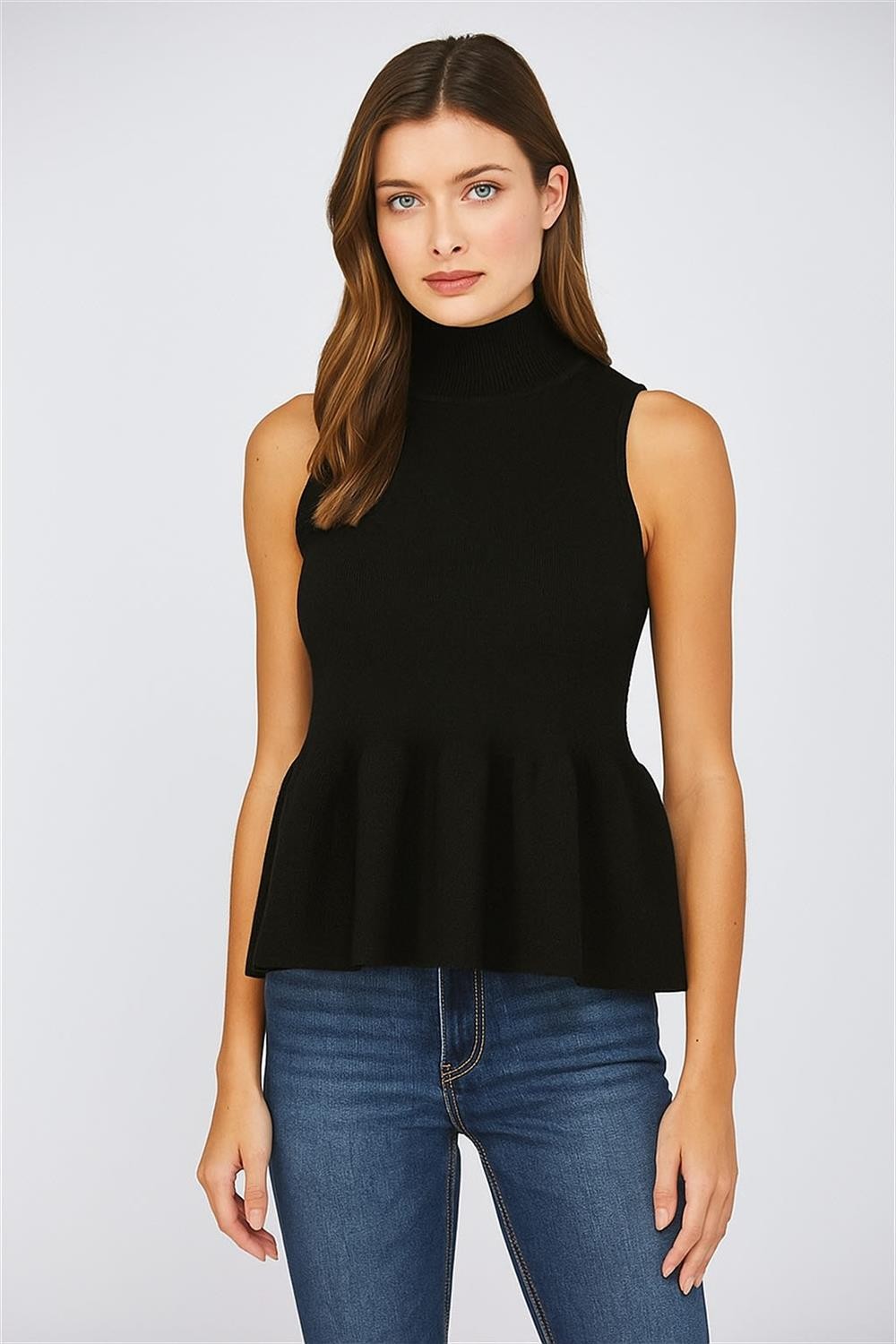 Mock Neck Peplum Sweater Tank In Black