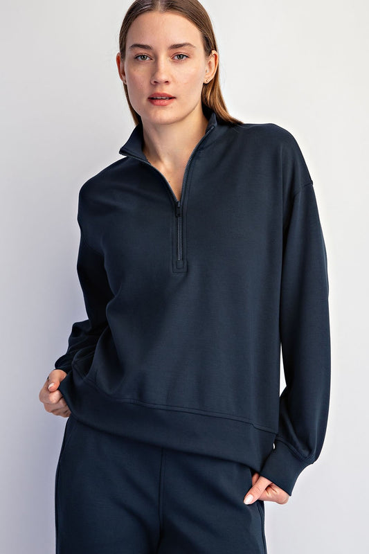 Modal Scuba Quarter Zip Pant Set In Teal Navy