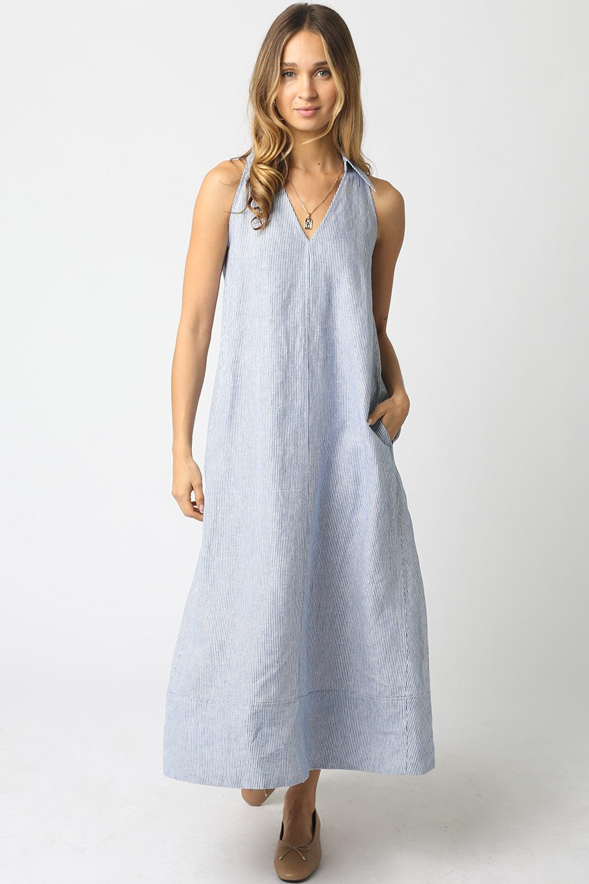 Mylee Sleeveless V-neck Linen Dress In Denim