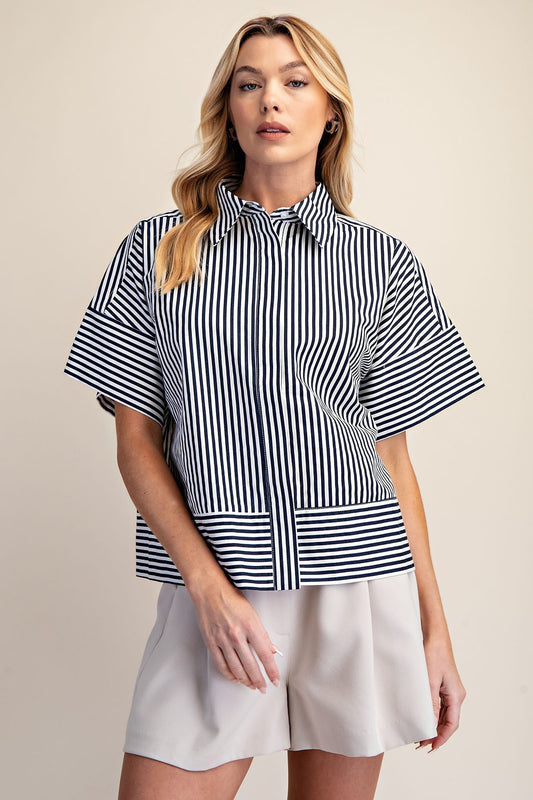 Navy And White Short Sleeve Button Down Top