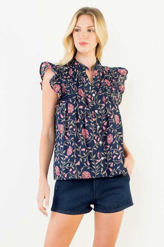 Navy Floral Flutter Sleeve V-neck Top