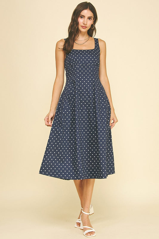 Navy Polka Dot Flared A-line Midi Dress