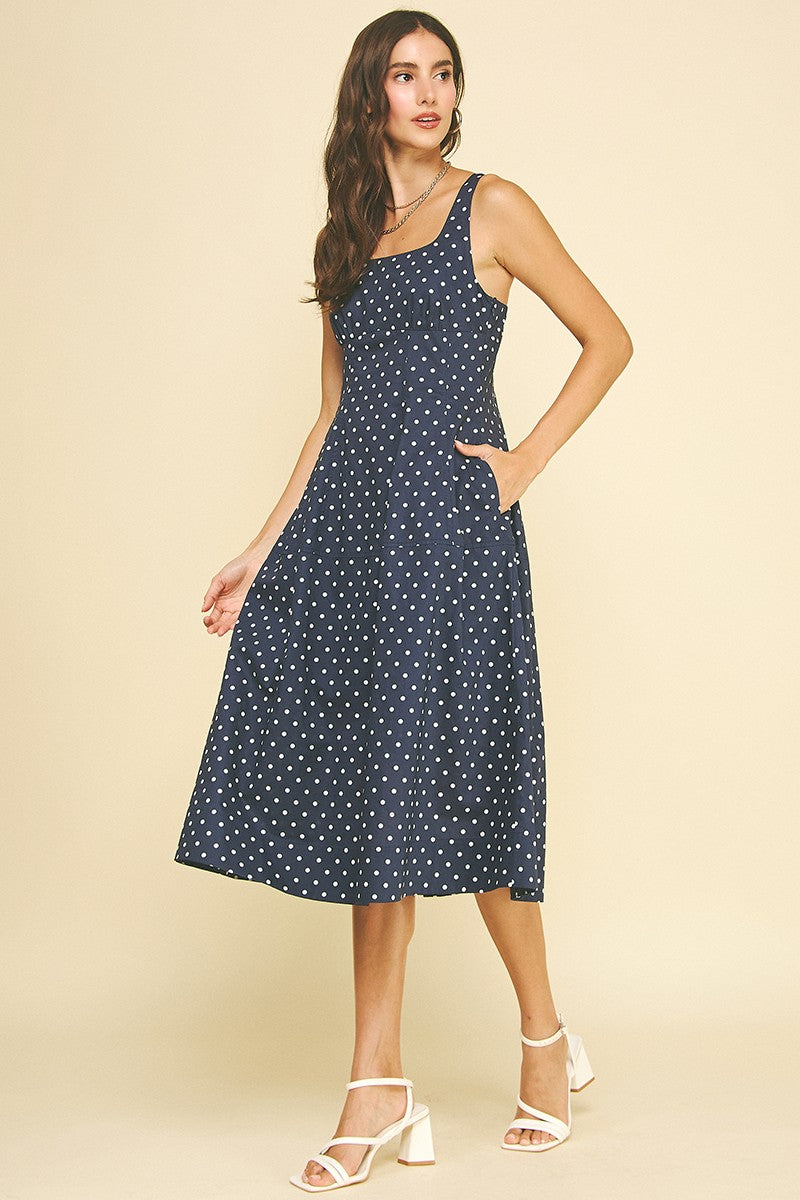 Navy Polka Dot Flared A-line Midi Dress