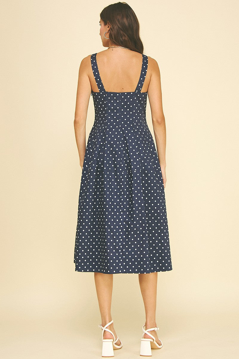 Navy Polka Dot Flared A-line Midi Dress