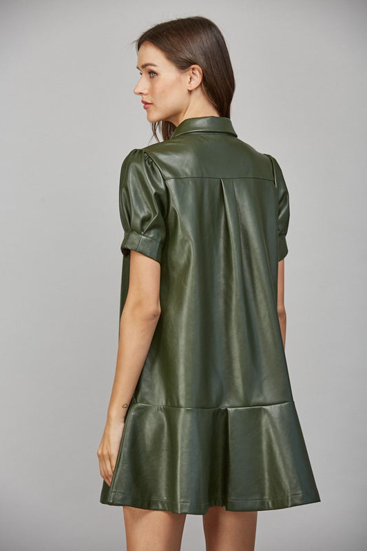 Olive Faux Leather Button Front Dress