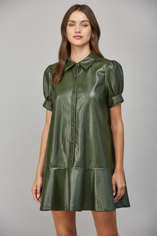 Olive Faux Leather Button Front Dress