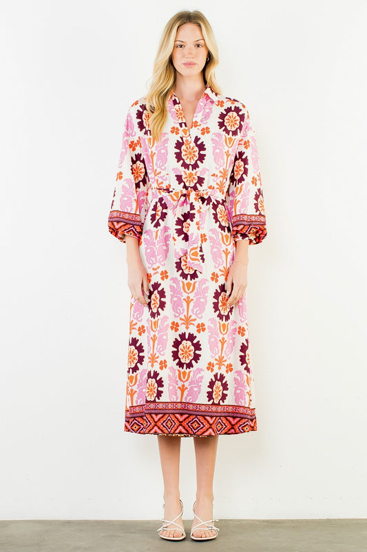 Orange & Pink Floral Print Long Dress With Tie Waist