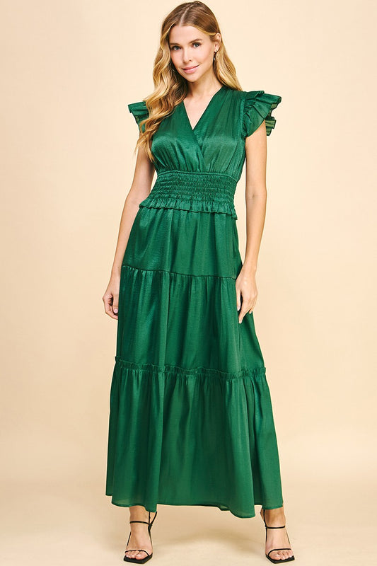 Remember The Night Hunter Green Satin Tiered Dress