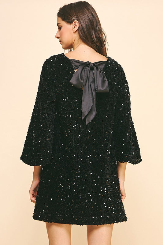 City Lights Black Sequin Bow Back Mini Dress