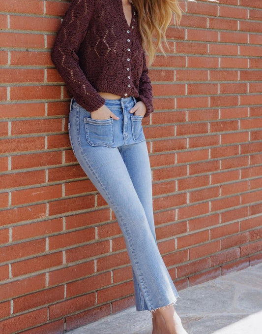 Patch Pocket Cropped Flare in Light Denim