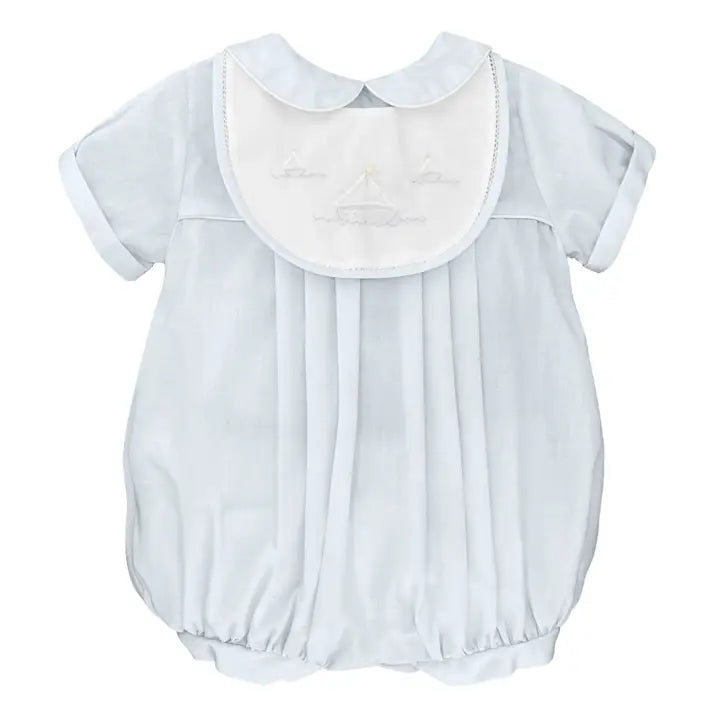 Petit Ami Blue Romper with Sailboat Embroidery