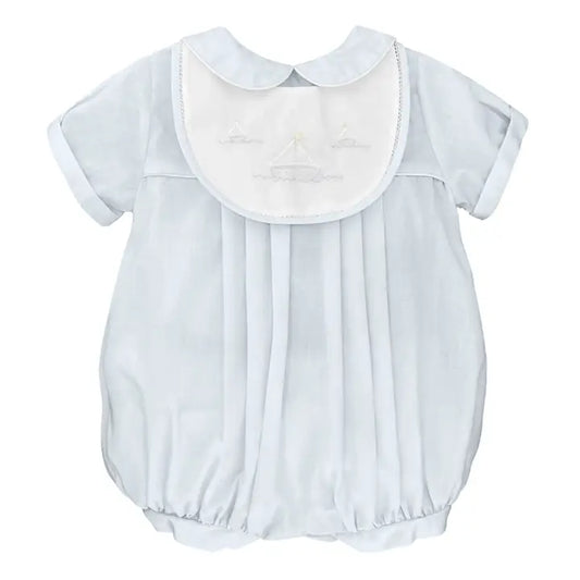 Petit Ami Blue Romper with Sailboat Embroidery
