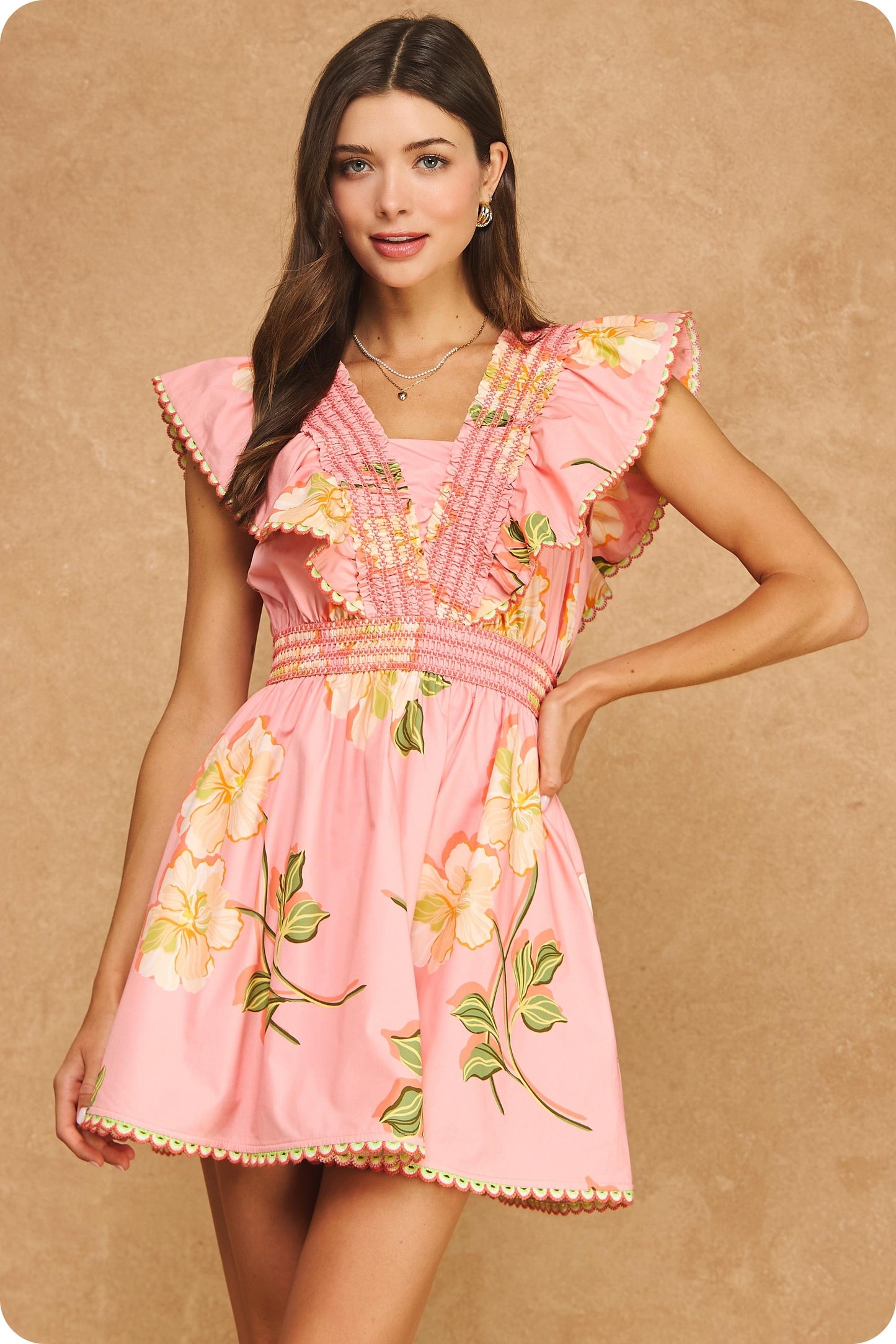 Pink Floral Ruffle Flutter Sleeve Smocked Mini Dress