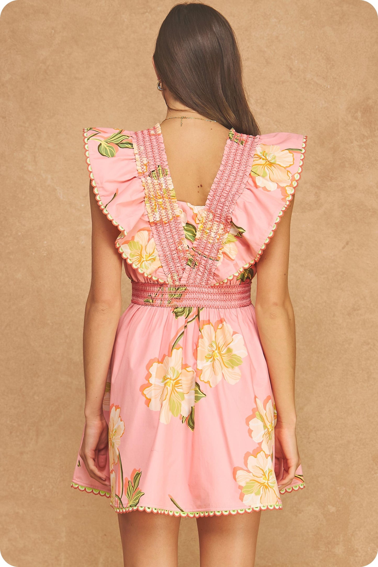 Pink Floral Ruffle Flutter Sleeve Smocked Mini Dress