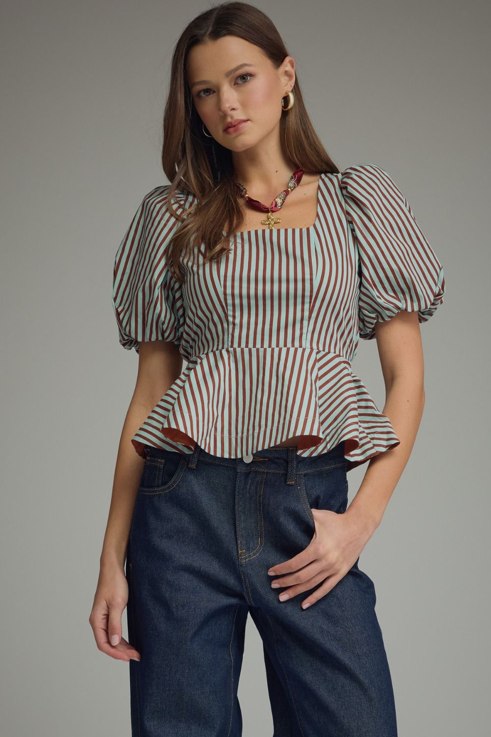 Pistachio Stripe Puff Sleeve Top