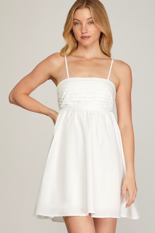 Pleated Tie Back Mini Dress in White