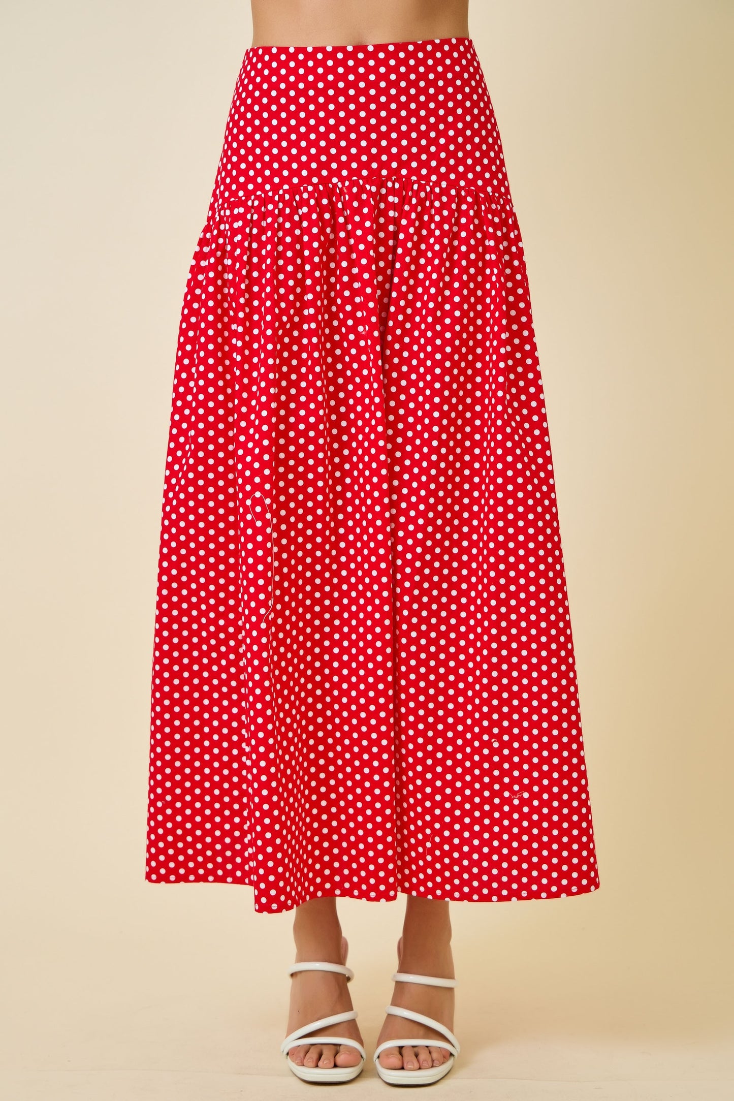 Polkadots Flared Maxi Skirt with Curved Yoke in Red