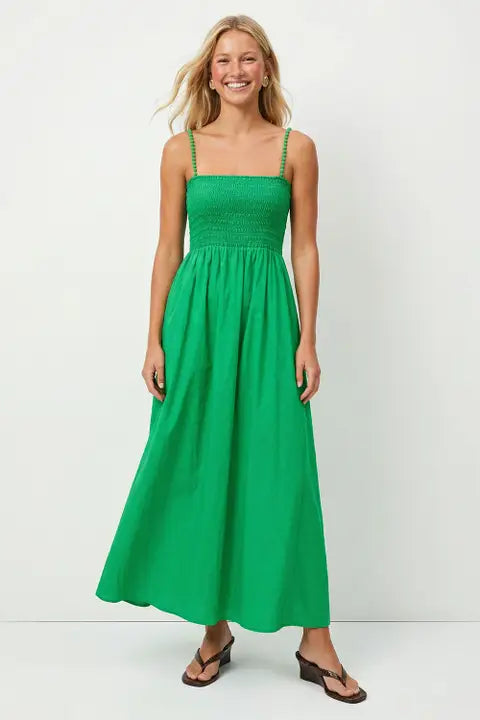 Pom Pom Smocked Maxi Dress In Green