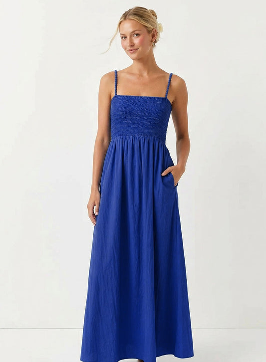 Pom Pom Smocked Maxi in Capri Blue