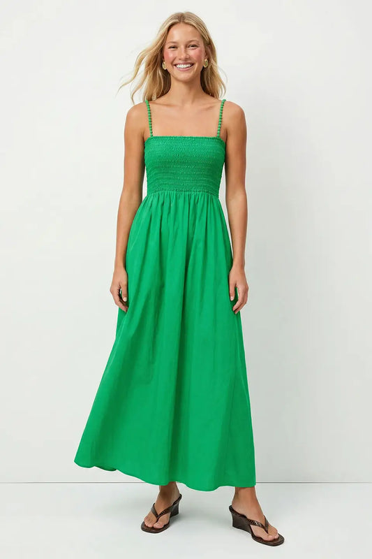 Pom Pom Smocked Maxi Dress in Kelly Green