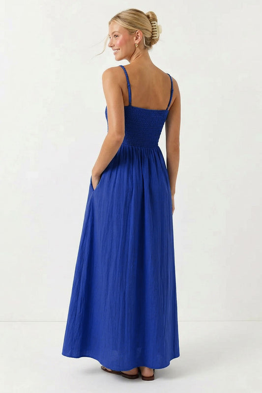 Pom Pom Smocked Maxi in Capri Blue