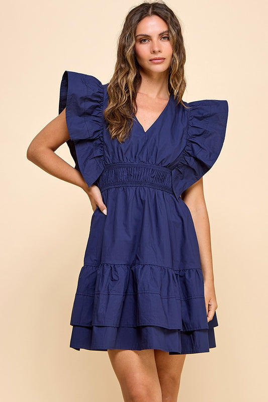 Poplin Ruffle Sleeve Dress in Navy